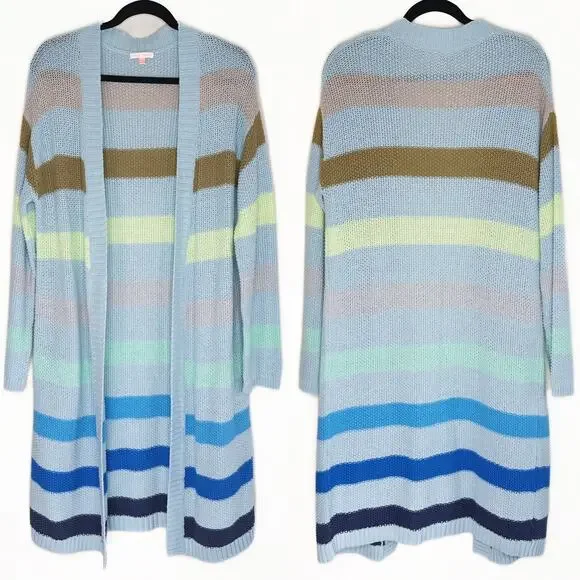 Lisa Todd Sand Sweeper Aqua Combo Striped Knit Long Open Cardigan Duster Sweater - Picture 2 of 11